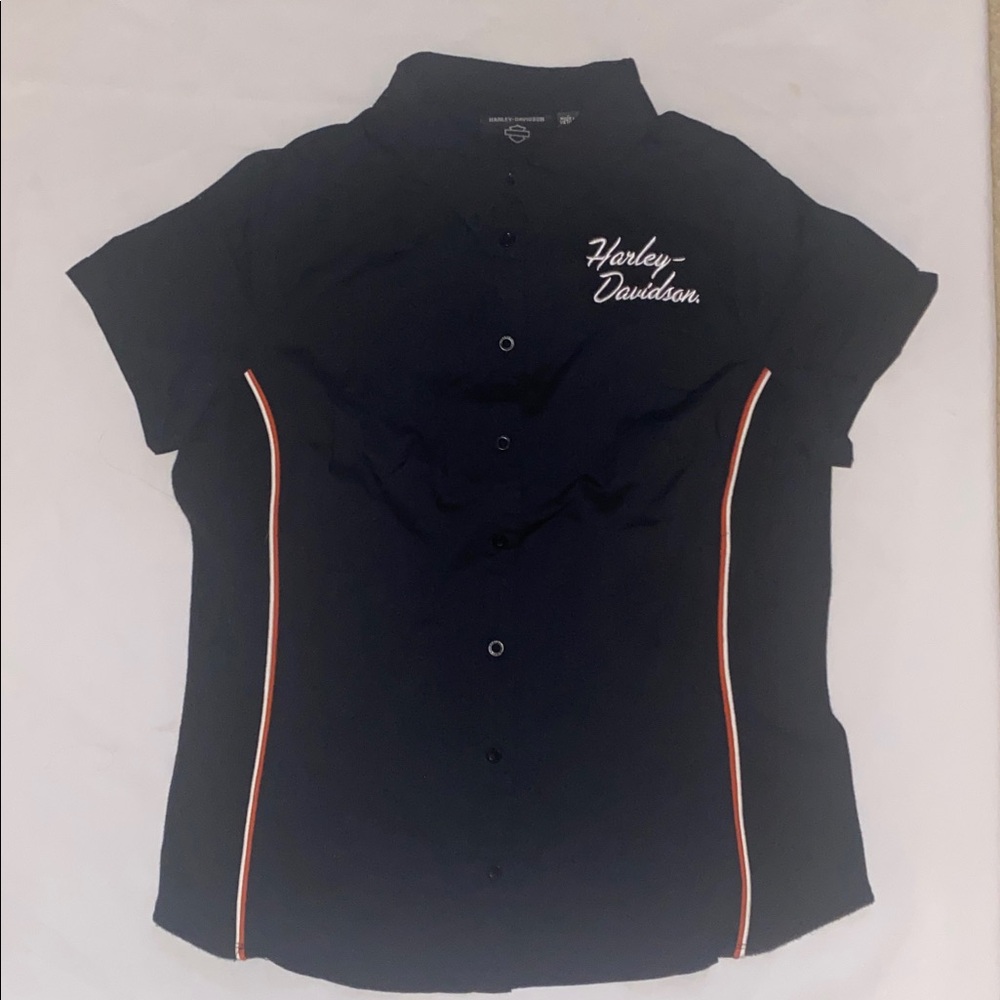 Harley-Davidson Women’s Black Button-Down Shirt with Orange Accents sz Large